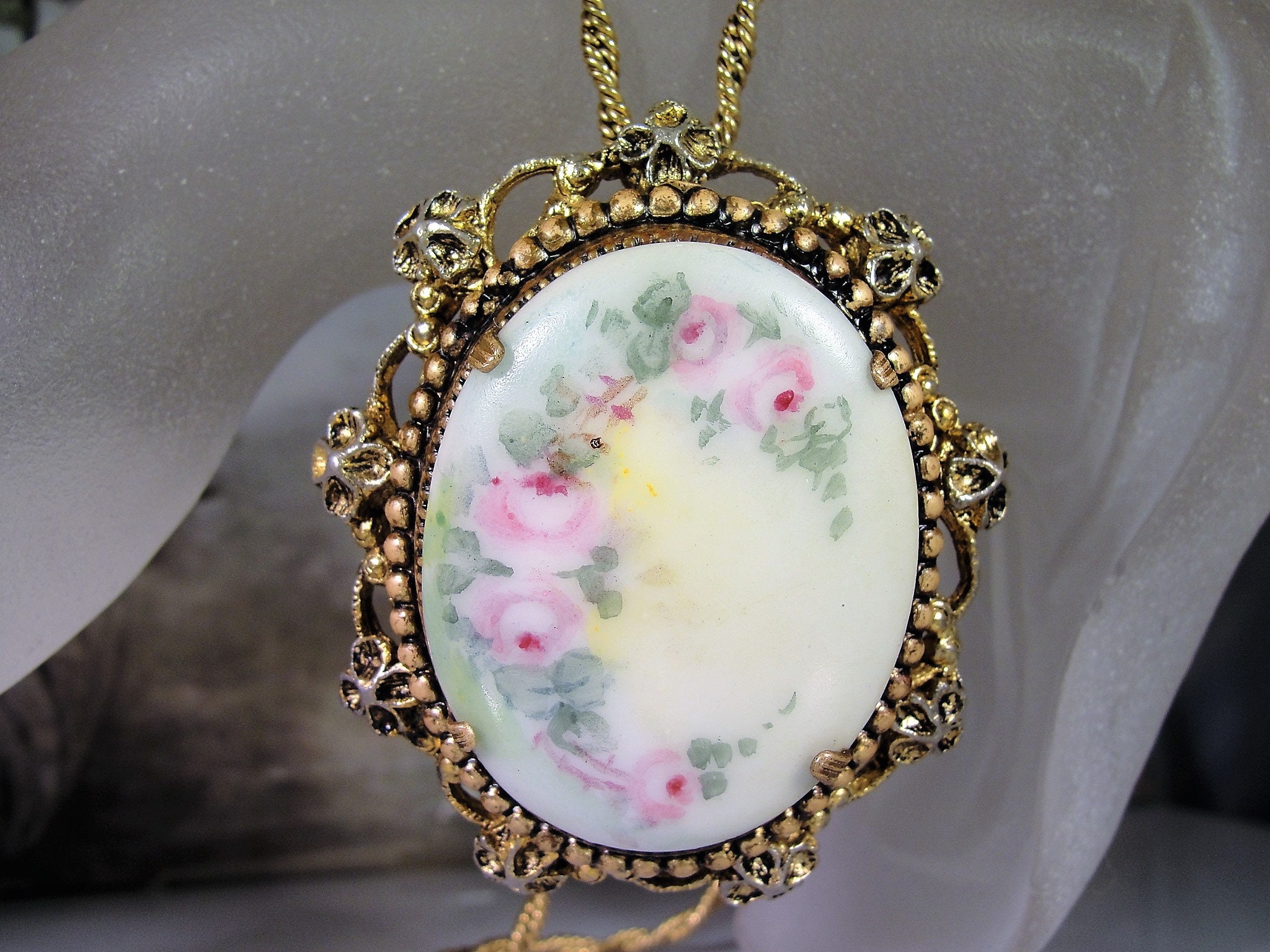 Convertible Porcelain Cameo Brooch, Brooch & Necklace, Porcelain Floral