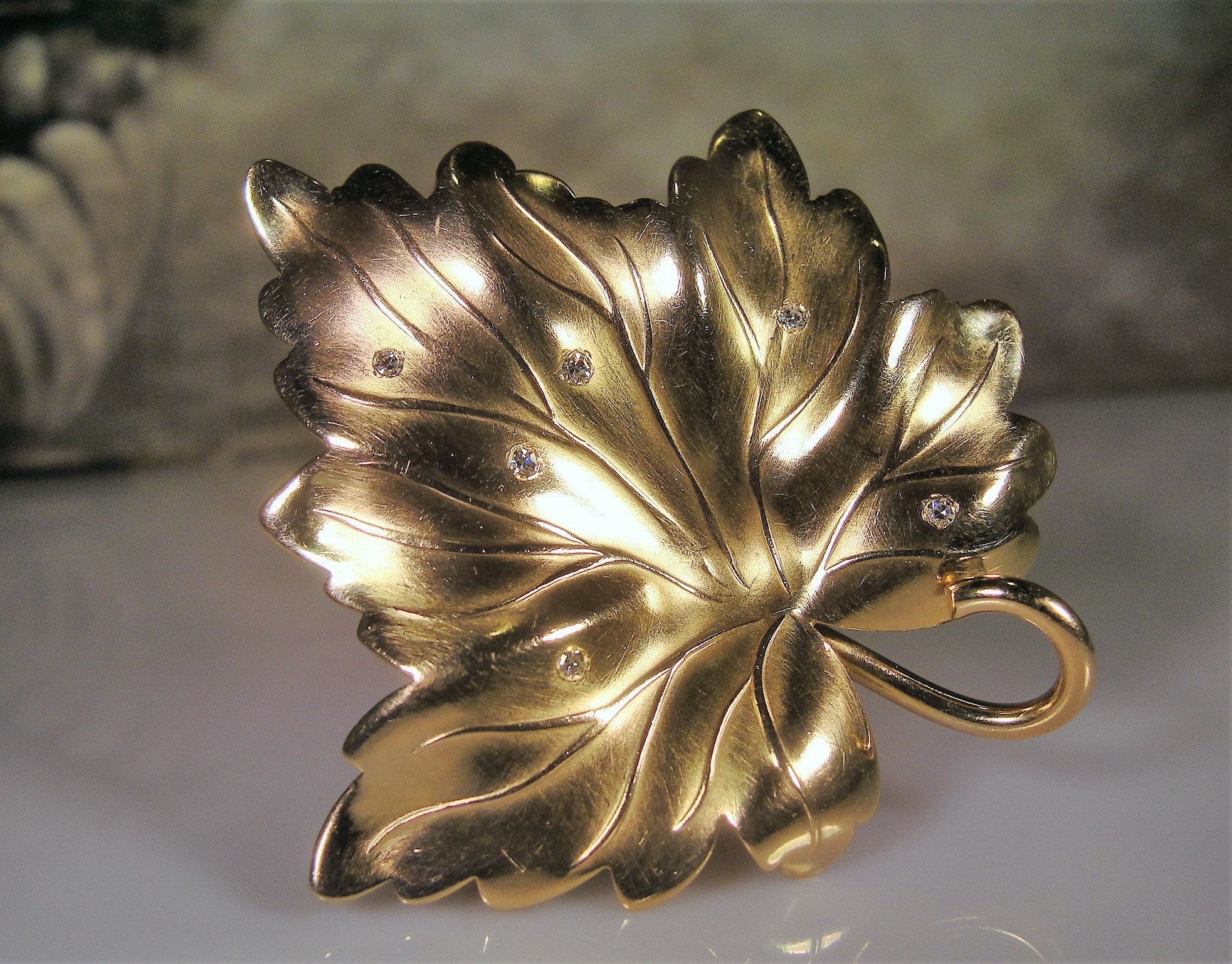 Fine Jewelry Brooch, Vintage 14K Yellow Gold and Diamond Maple Leaf