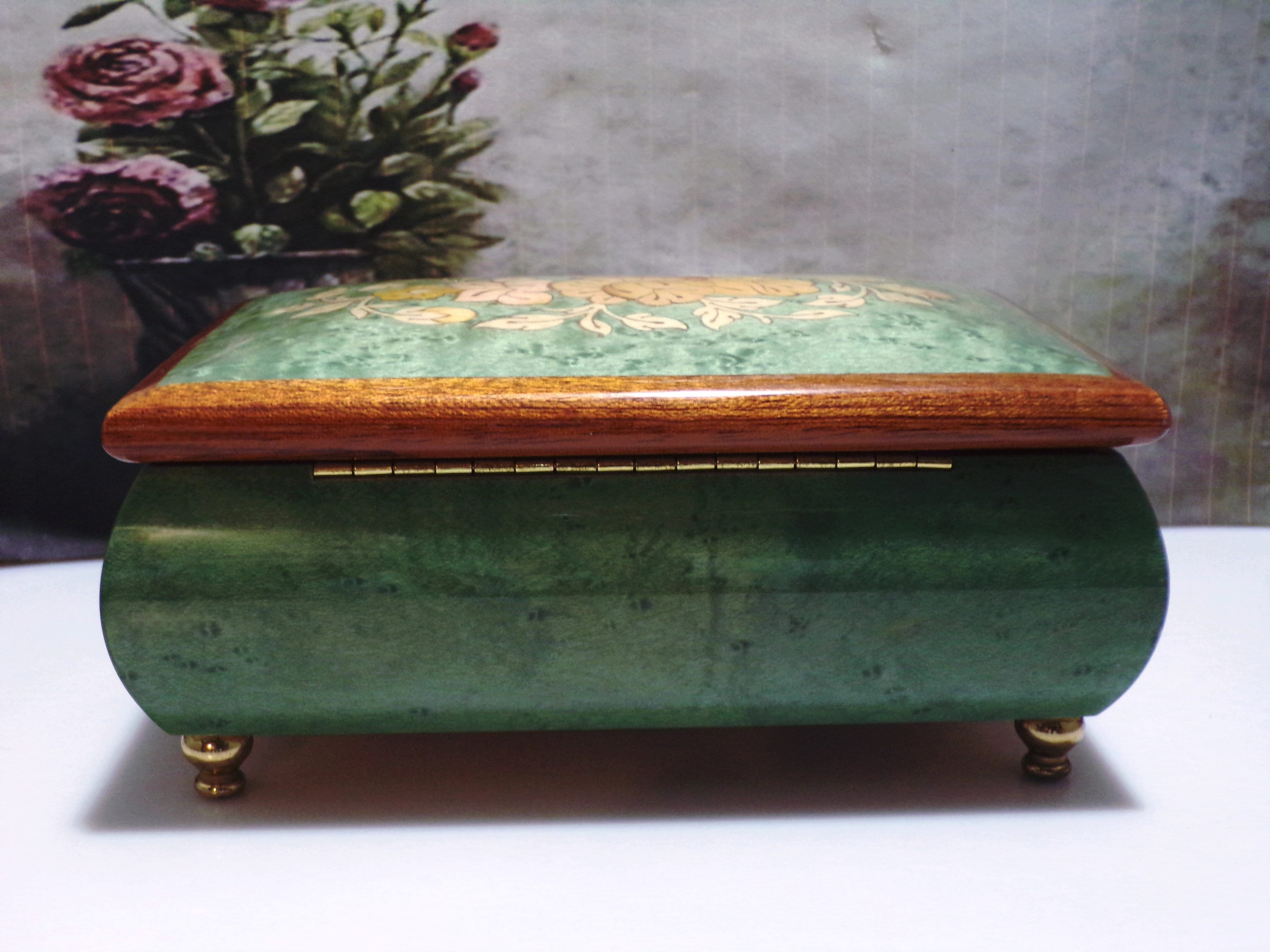 Italian Elm Burl Wooden Musical Jewelry Box, Wood Inlay and Veneers