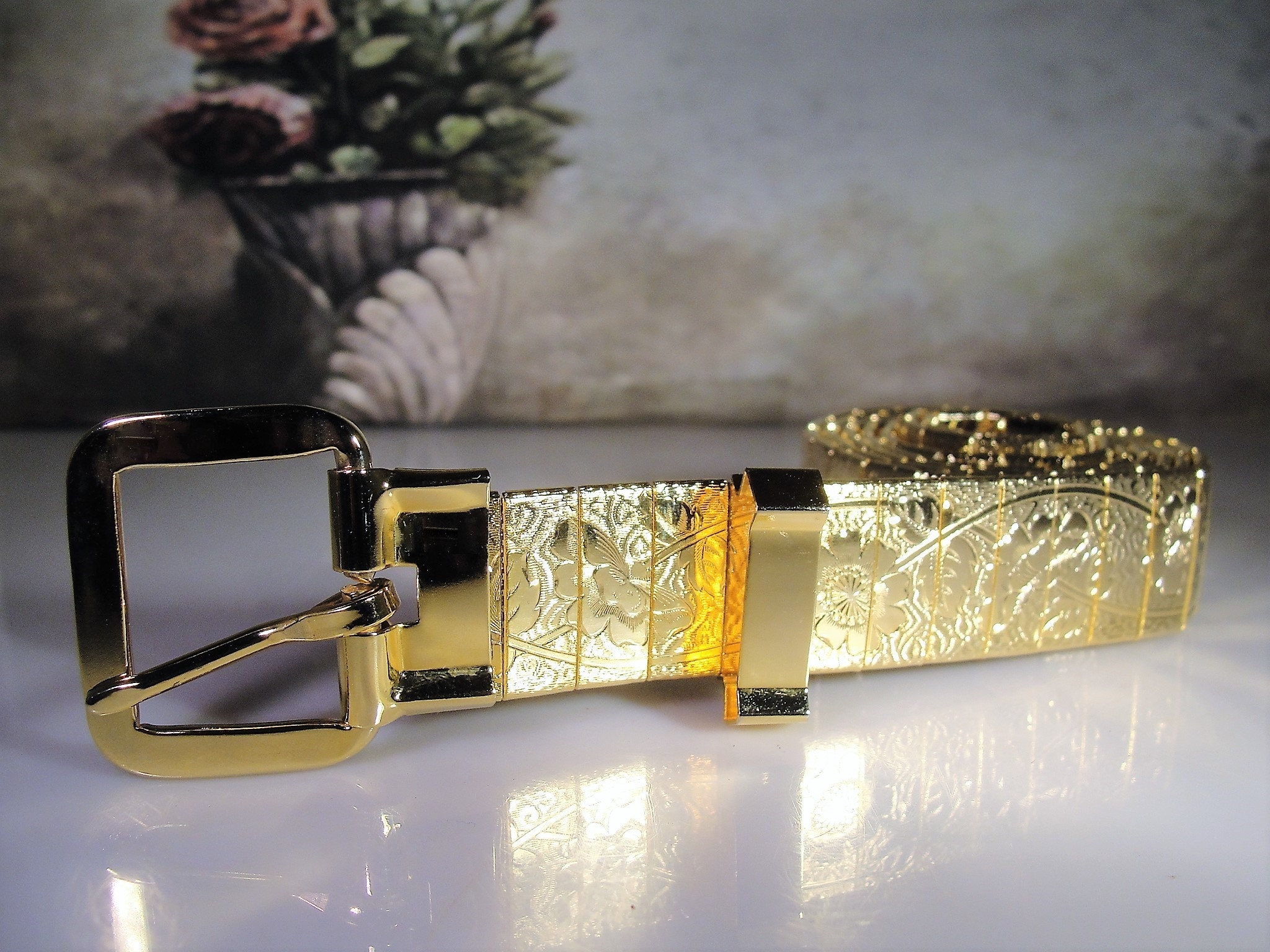 Vintage Floral Embossed Chased Gold Metal Belt, 33 Inches Long