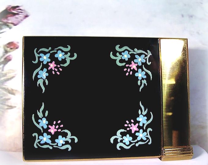 Volupte Black Enamel Floral Powder Compact & Lipstick Holder – Vintage Collectible