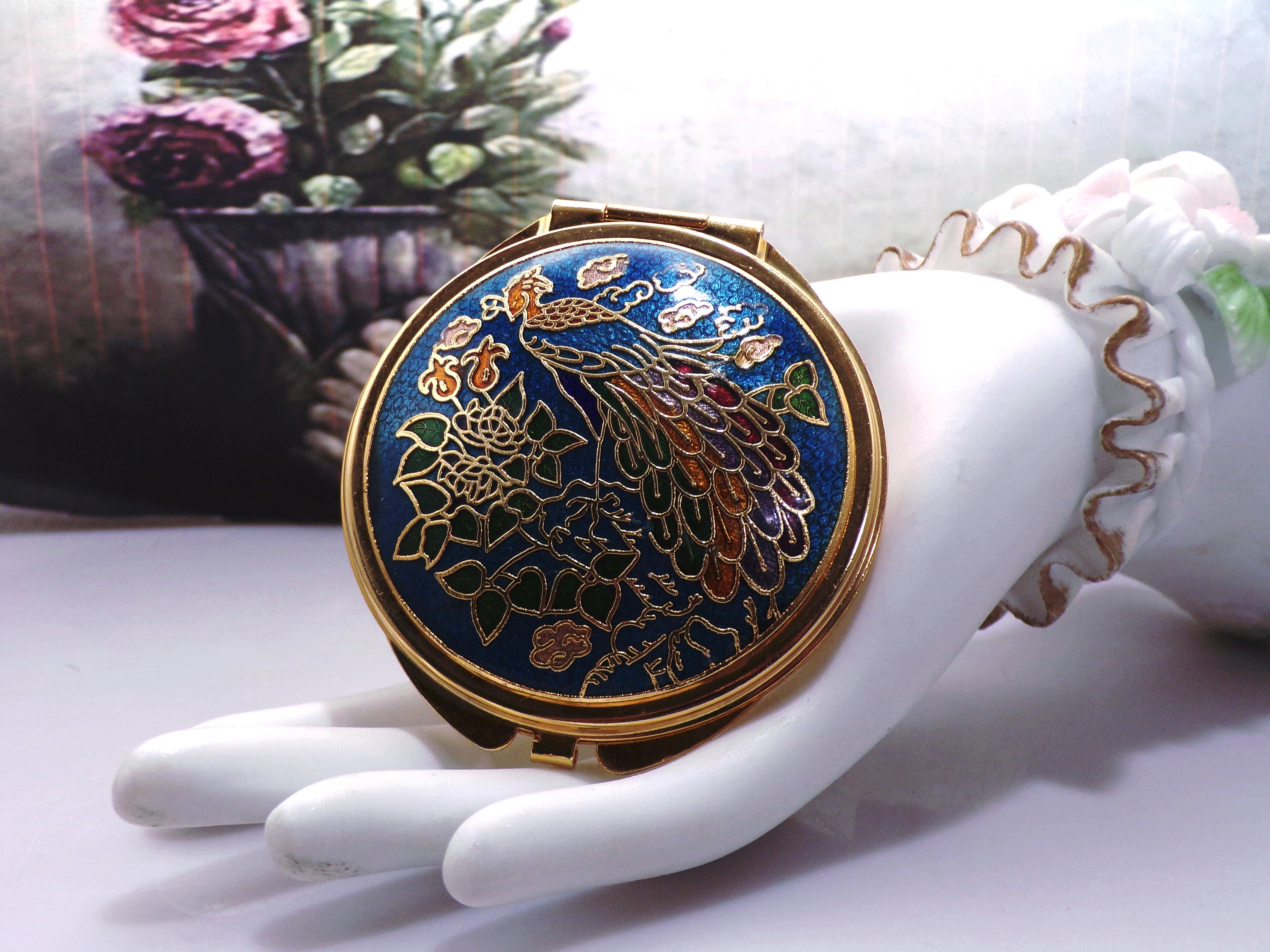 Cloisonne Blue Peacock Double Sided Mirror Compact, Regular Mirror and