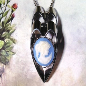 Cameo Necklace, Double Heart Necklace, Blue Cameo, Silver Hearts, Double Heart Light Blue Cameo Silver Tone Necklace with an 18 Inch Chain