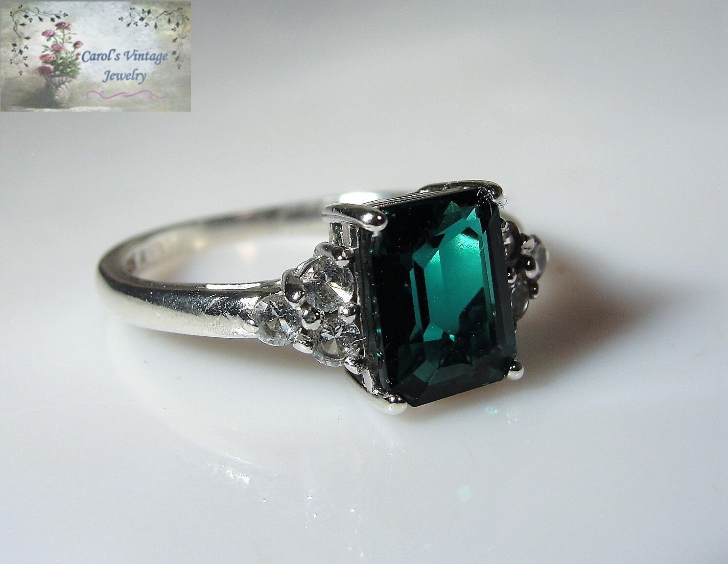 Lab Created Green Emerald Sterling Silver Ring, Emerald Cut, CZ Accent Gems, Sterling Silver