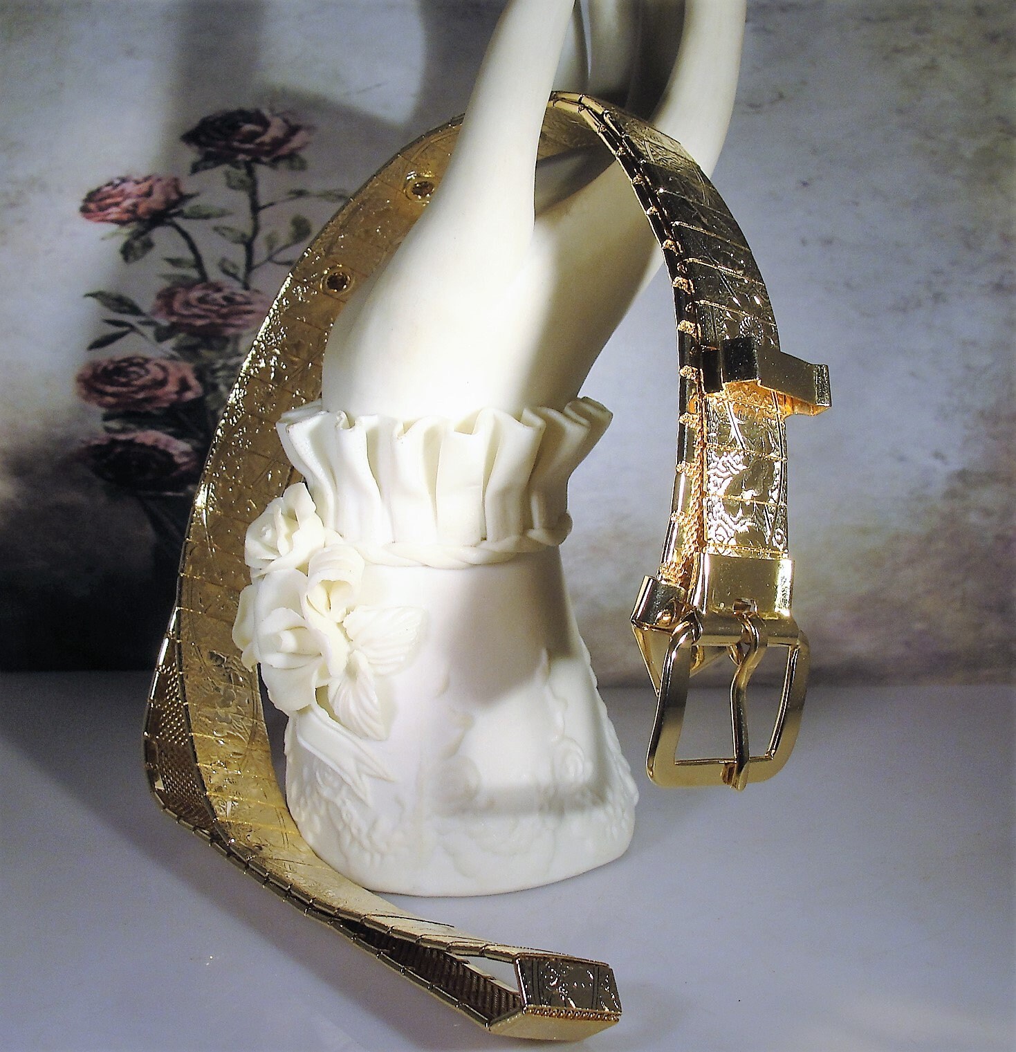 Vintage Floral Embossed Chased Gold Metal Belt, 33 Inches Long