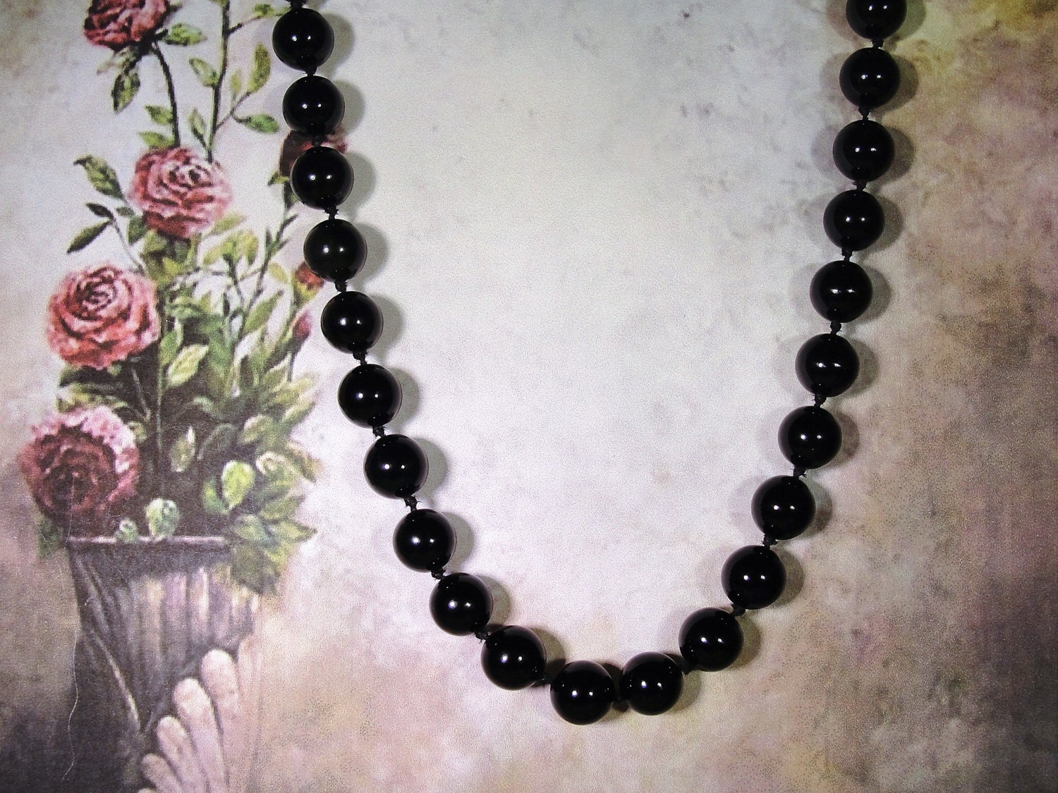 Hand Knotted 8mm Black Onyx Bead Necklace with a 14K Gold Round Spring