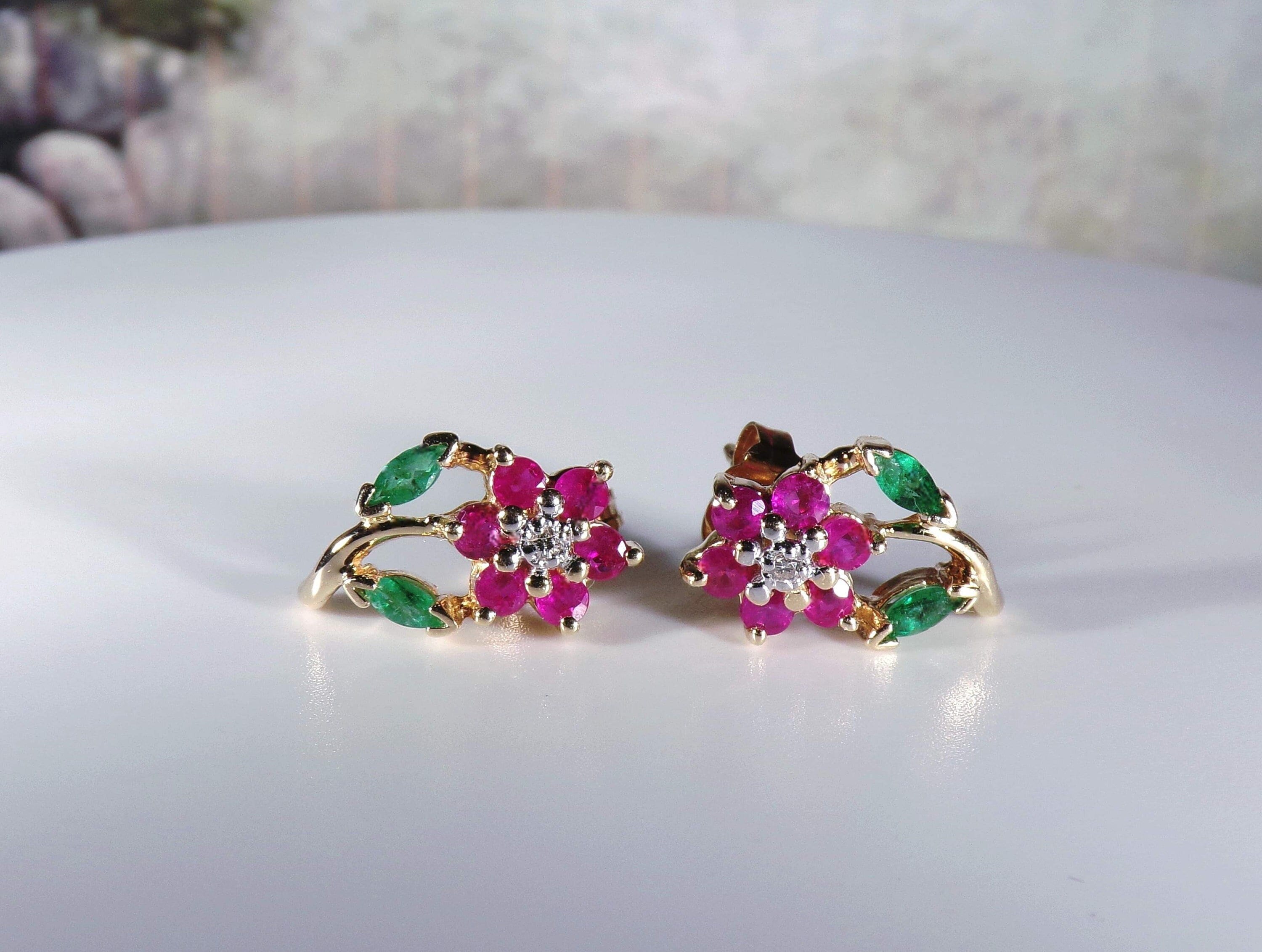 Vintage 14K Yellow Gold Ruby & Diamond Flowers w/ Green Emerald Leaves ...