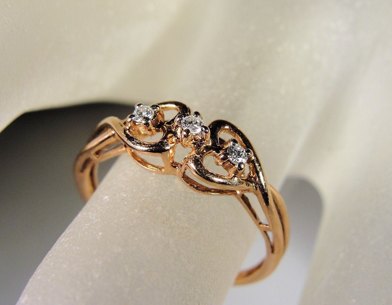 14K Rose Gold Three Diamond Intertwining Hearts Ring, Trilogy Ring ...