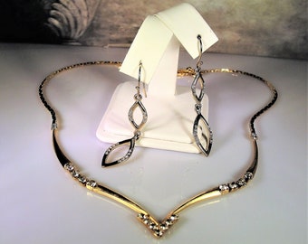 Vintage Rhinestone Chevron Jewelry Set: Necklace and Dangle Earrings