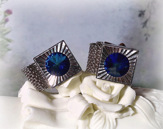 Mens Cuff Links – Unisex Cuff Links – Blue Rivoli Rhinestone Silver Tone Mesh Metal Cufflinks – 1960s Fashion Accessory – Vintage Cufflinks