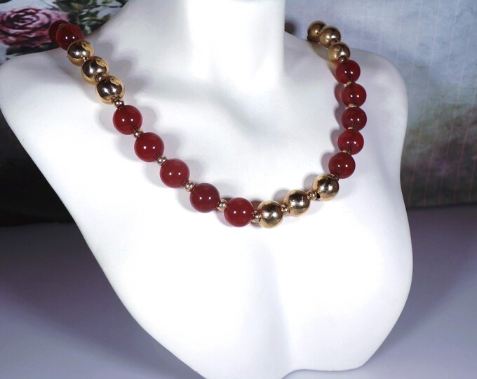 Cornelian Necklace – 14K Yellow Gold Beads and Dark Orange Cornelian Beaded Necklace – Cornelian Choker – 15” Necklace – Vintage Necklace