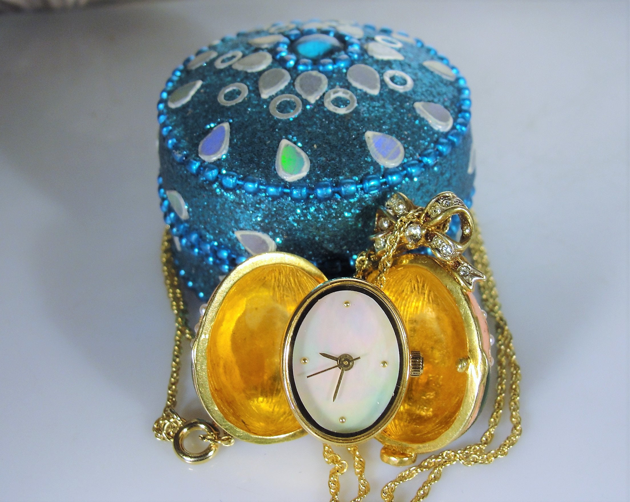 Faberge Enamel Egg Watch Pendant, Seed Pearls, Swarovski  display picture 1