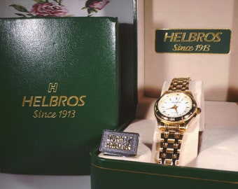 Helbros Women’s Wristwatch, Quartz Analog with Second Hand, Clean Face with Gold Bracelet, NOS, Original Case & Sleeve, Vintage Wristwatch