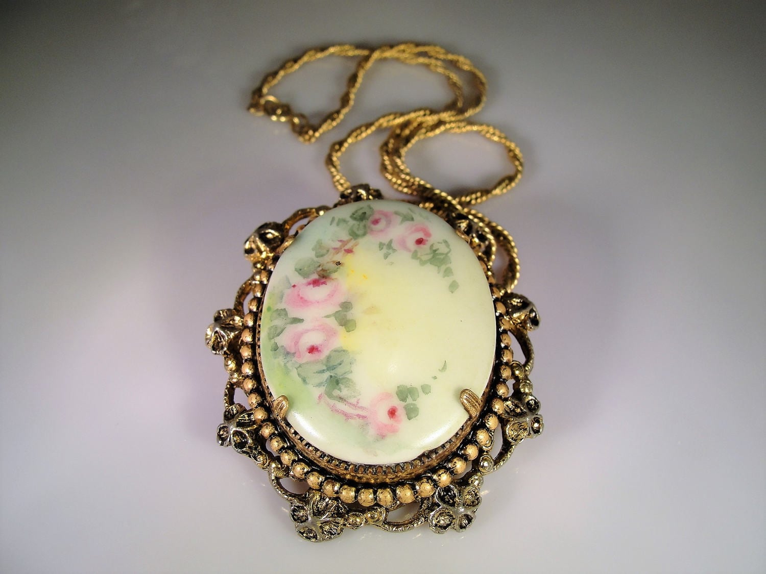 Convertible Porcelain Cameo Brooch, Brooch & Necklace, Porcelain Floral