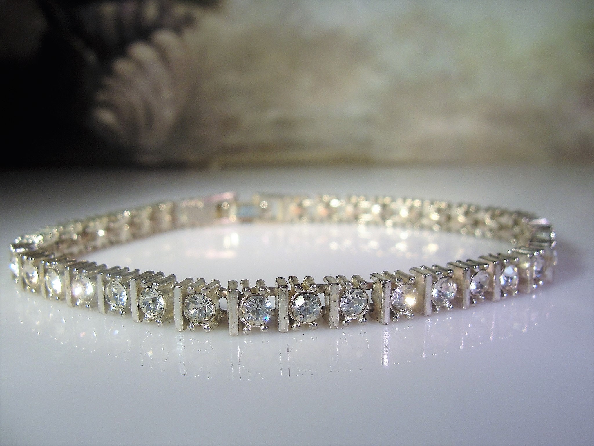 Tennis Bracelet, Vintage Rhinestone Silver Colored Tennis Bracelet