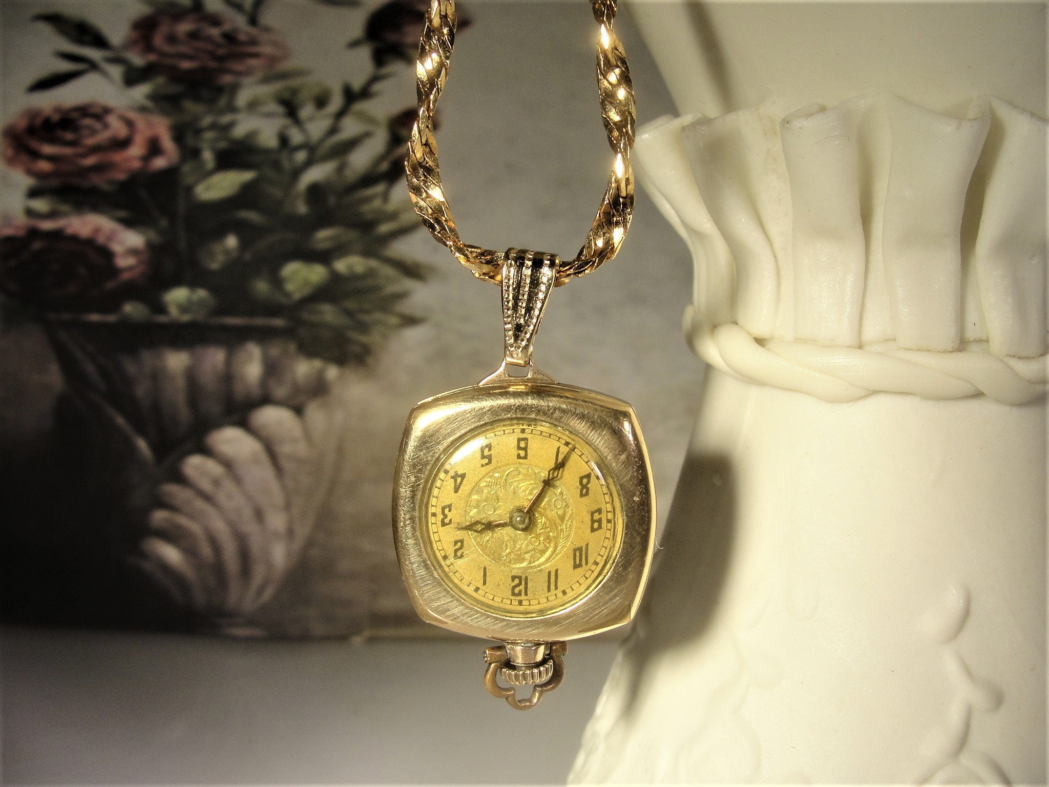 Art Deco Pendant Watch, GIROD Pocket / Pendant, Twisted 24 Chain, 12K