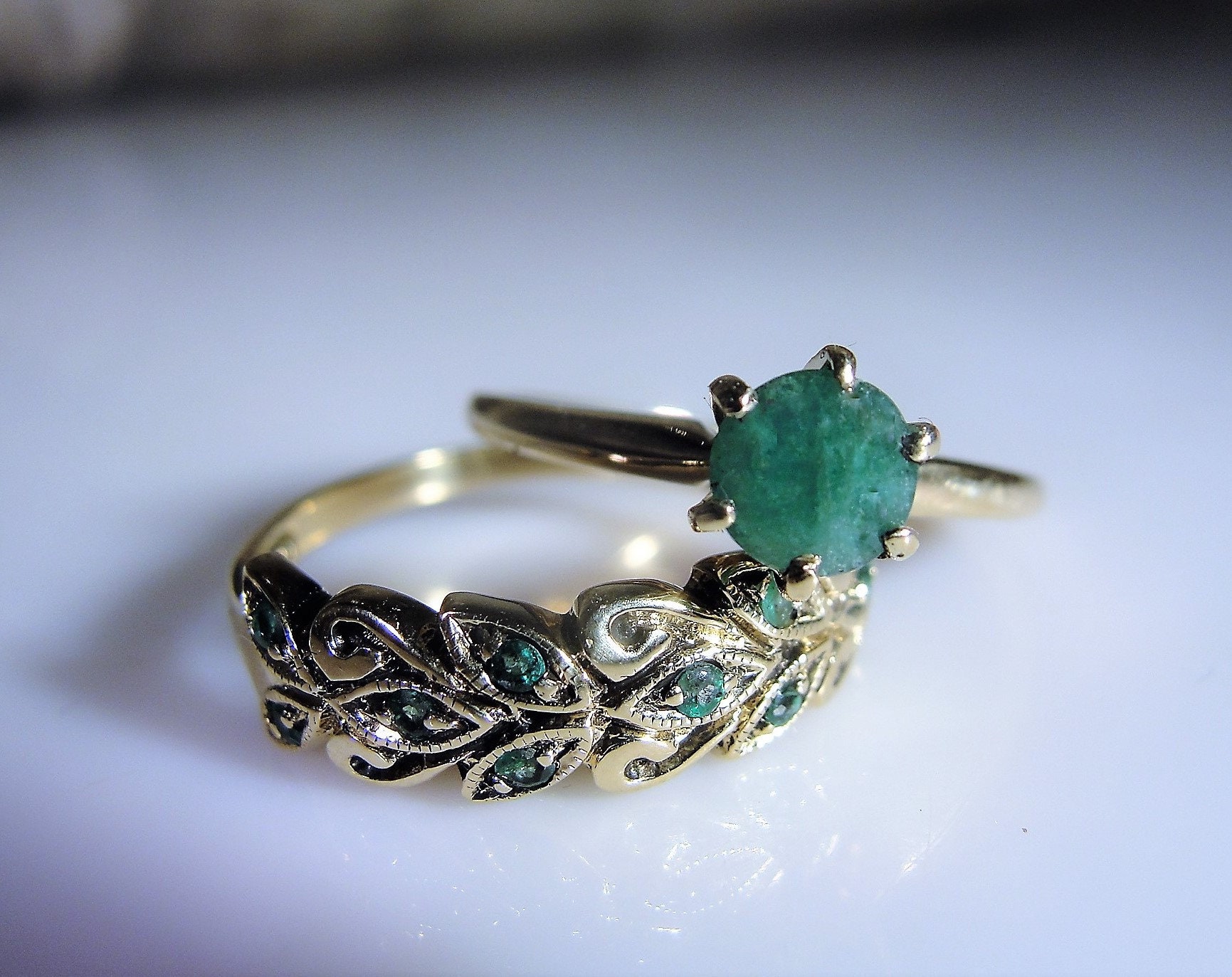 10K Emerald Bridal  Ring  Set Green Emerald Engagement Ring  