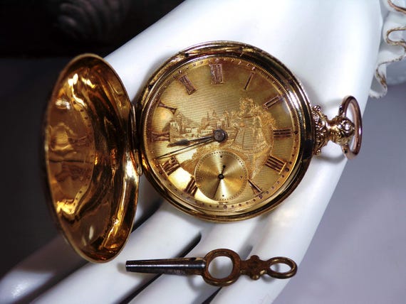 Antique 18K Yellow Gold Pocket Watch: Hand Engraved Dial, Key Wind