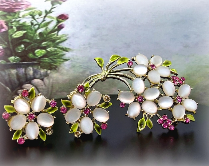 Vintage Moonstone Floral Demi Parure – Brooch and Clip-On Earrings – Faux Gemstones – Pink Rhinestones