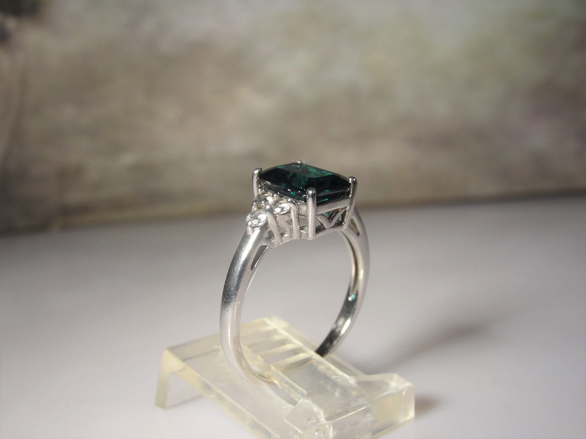 Lab Created Green Emerald Sterling Silver Ring, Emerald Cut, CZ Accent Gems, Sterling Silver