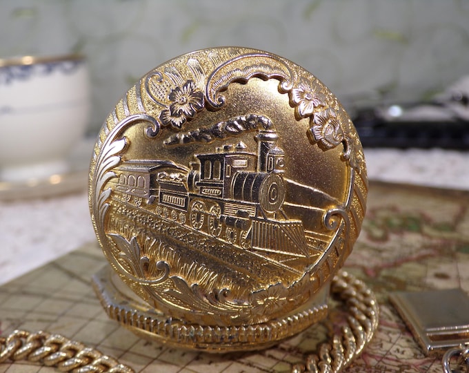 Pocket Watch – Steam Engine Train – Skeleton Face – 17 Jewels - Swiss Mechanical Windup – Vintage – Circa 1970s