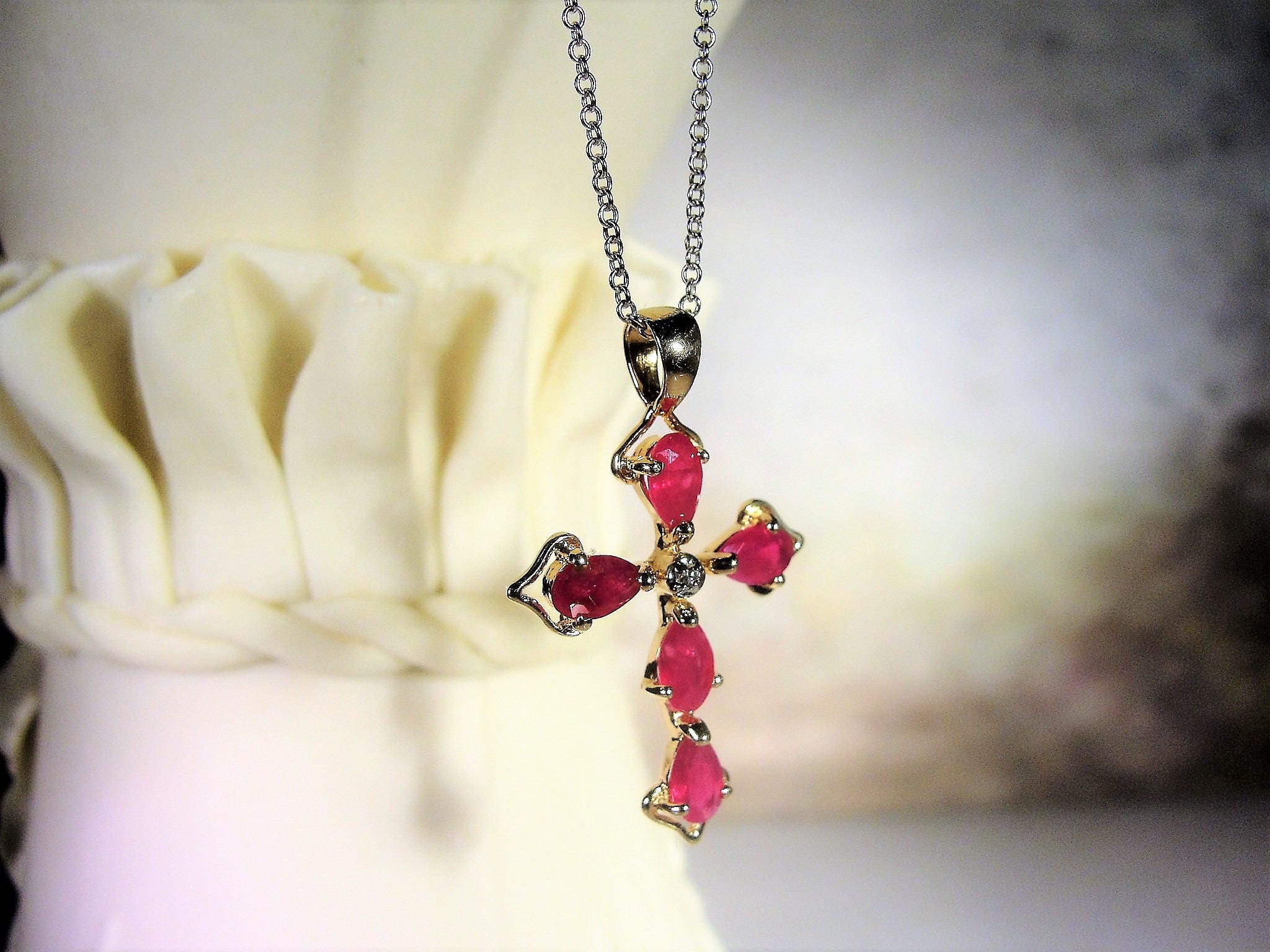 Ruby Cross Necklace, 14K Ruby and Diamond Cross Necklace, Cross Pendant