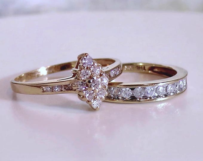 Vintage Diamond Bridal Ring Set: 14K & 10K Gold Engagement Wedding Rings - Size 7.5