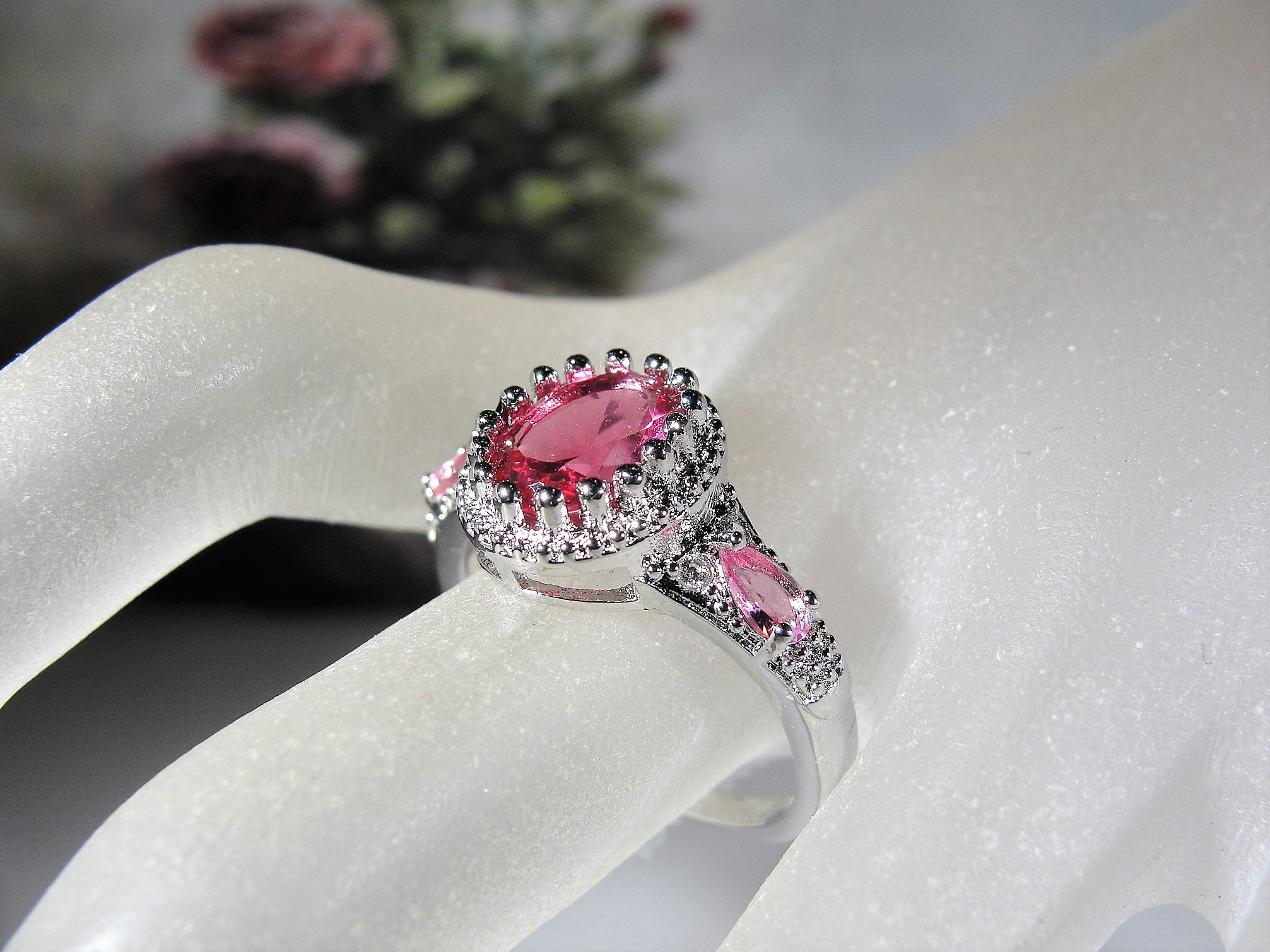 Sterling Pink Glass Ring, Pink Glass Ring with a Crown Mounting and Rhodium Plating, Right Hand