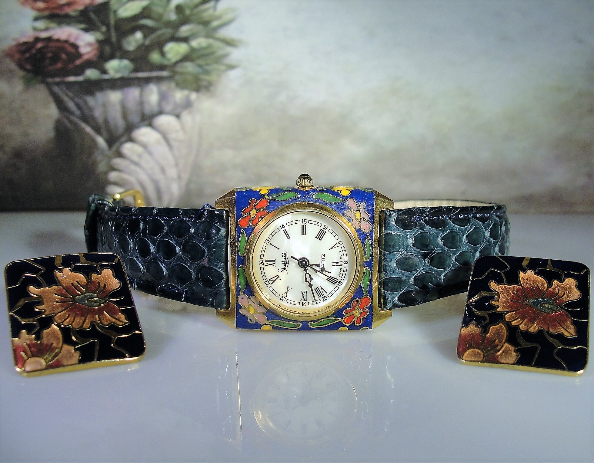 Cloisonné Watch & Earrings Set, Ladies Wrist Watch, Genuine Leather