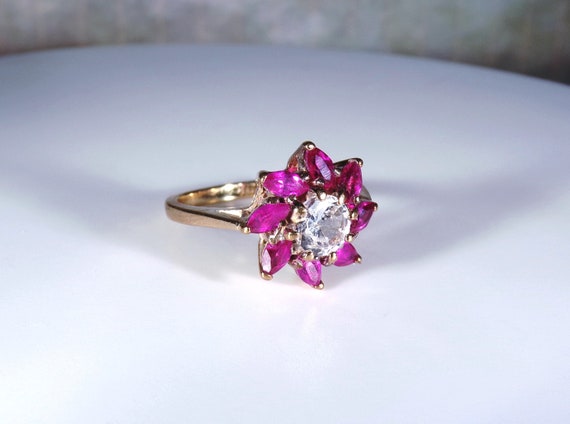 Vintage 10K Yellow Gold Ruby and White Topaz Flor… - image 3