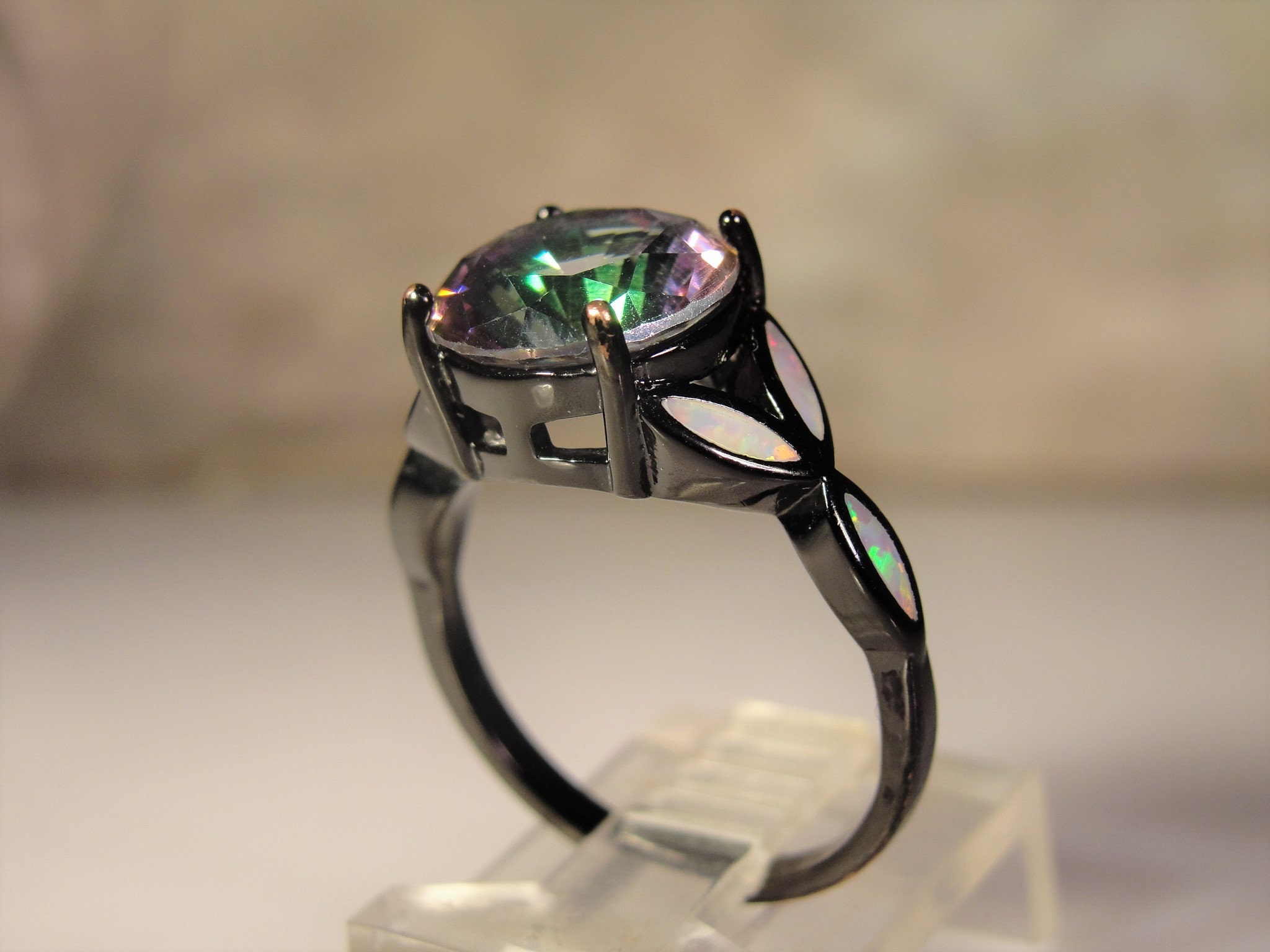 10K Mystic Topaz Ring, Gunmetal Rhodium Plated, Opal Inlay, Synthetic