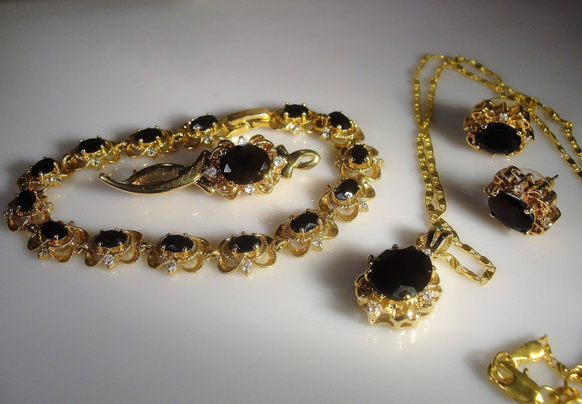Black Onyx Jewelry Set, Faux Onyx and Rhinestone Jewelry Set, Onyx