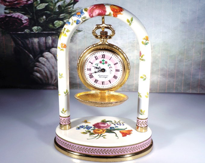 AMERICAN HERITAGE Women’s Pocket Watch Pendant w/ Porcelain Floral Hanger/Holder - Mechanical Watch - Porcelain Floral Watch Holder, Vintage