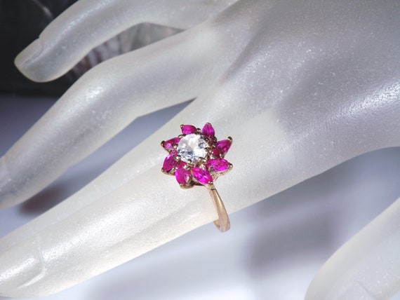 Vintage 10K Yellow Gold Ruby and White Topaz Flor… - image 9