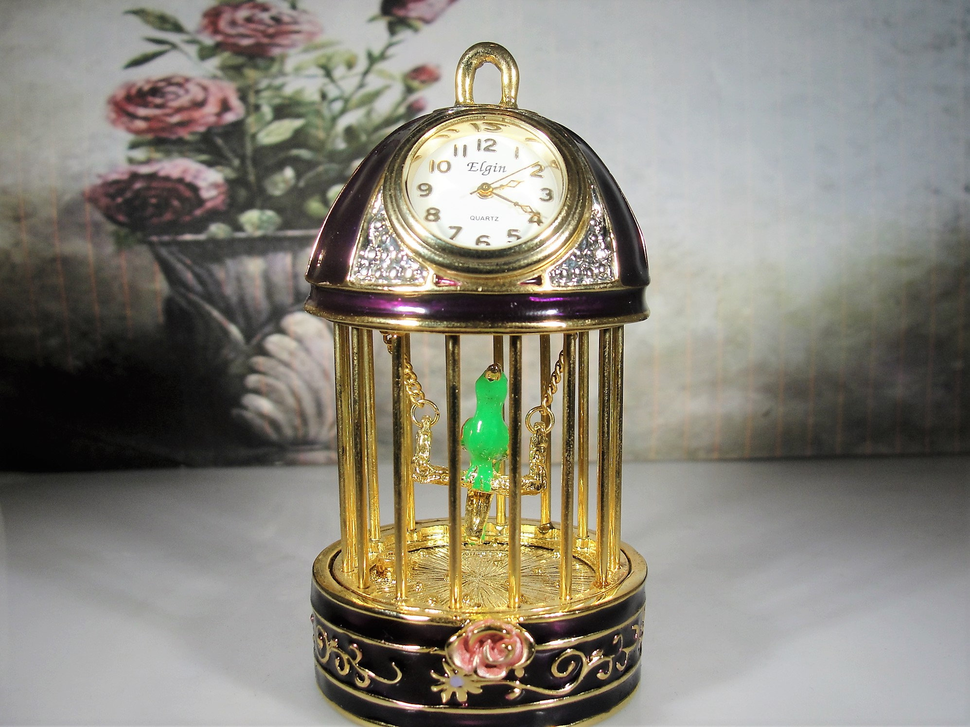 ELGIN Miniature Clock, Purple Enamel and Rhinestone Parakeet Birdcage Miniature Clock, Vintage