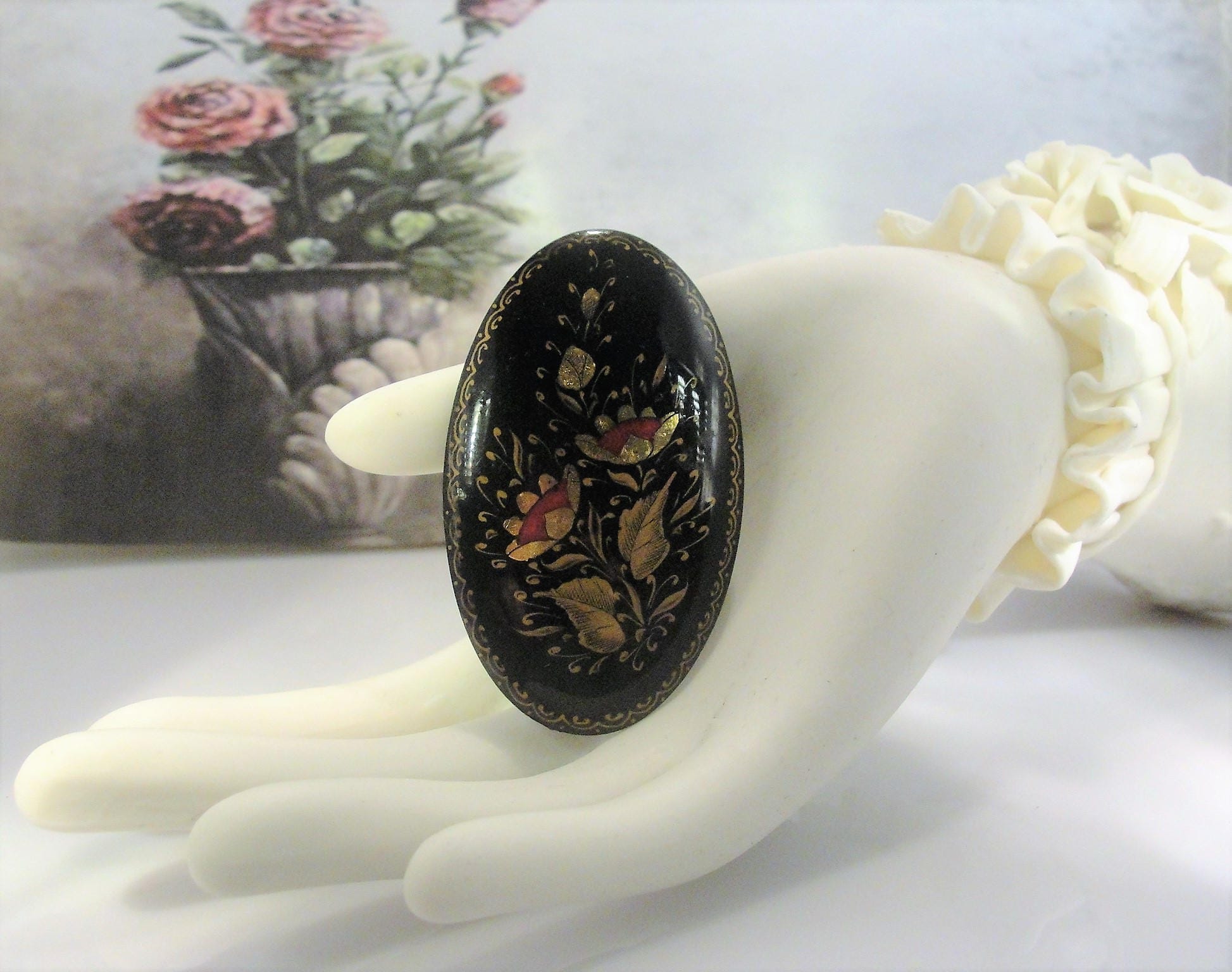 Gutta Percha Hand Painted Gold Gilt Mourning Brooch, Vulcanite Brooch