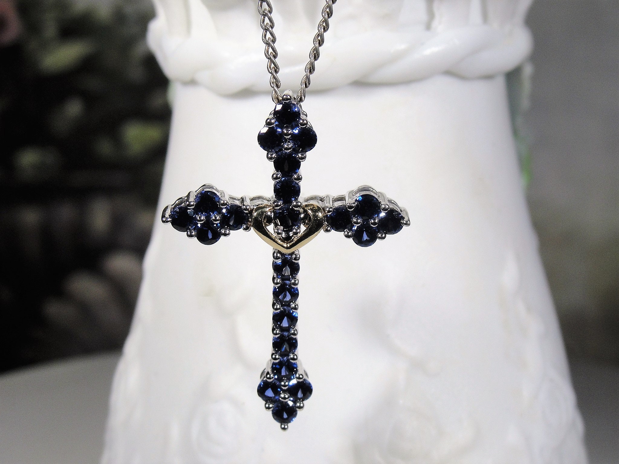 Sapphire Cross Necklace, Sterling Silver and 10K Gold Blue Sapphire