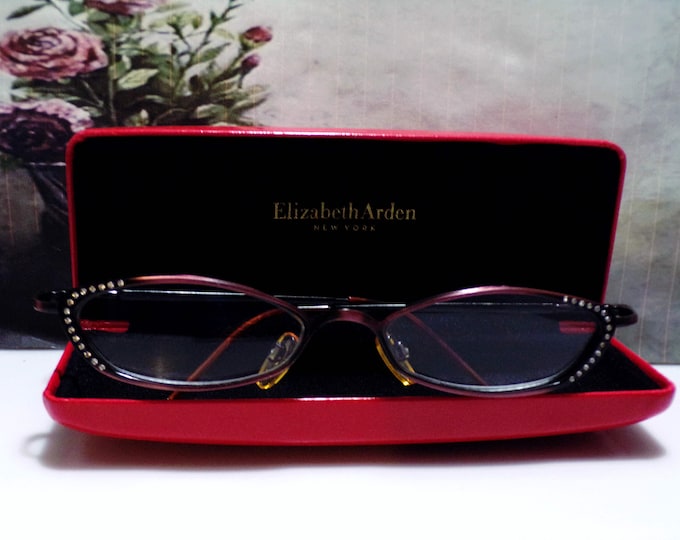 ELIZABETH ARDEN Red Glasses Case and Wine-Colored Crystal Metal Rimmed Reading Glasses - Retro Glasses and Case - Vintage Glasses and Case