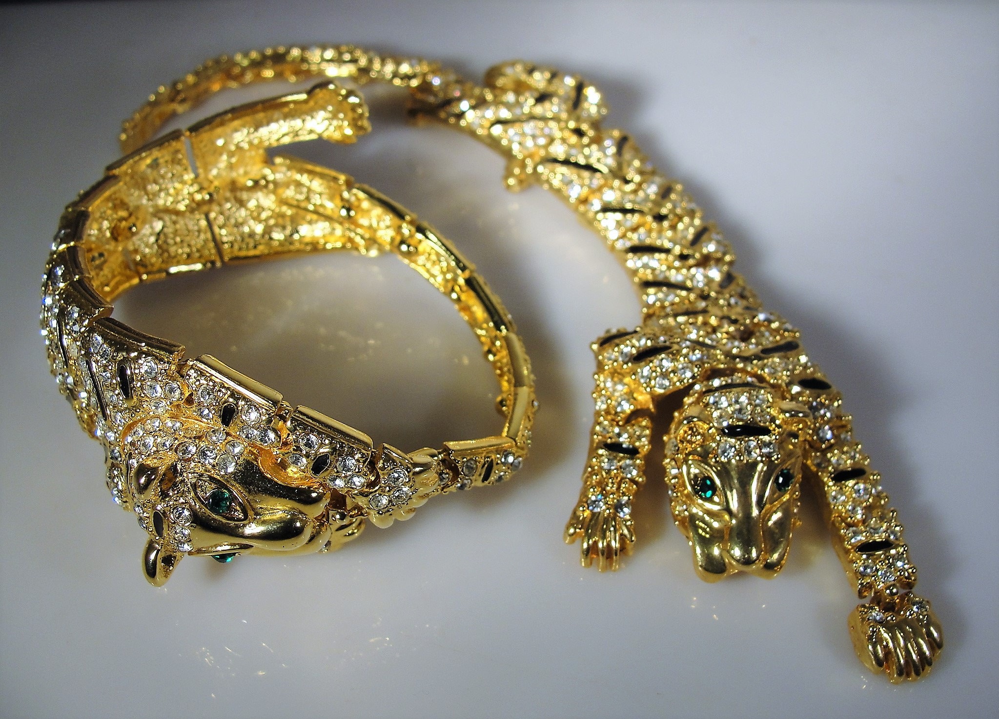 Big Cat Jewelry Set Tiger Shoulder Brooch Tiger Bracelet Rhinestone Tigers Emerald Green 