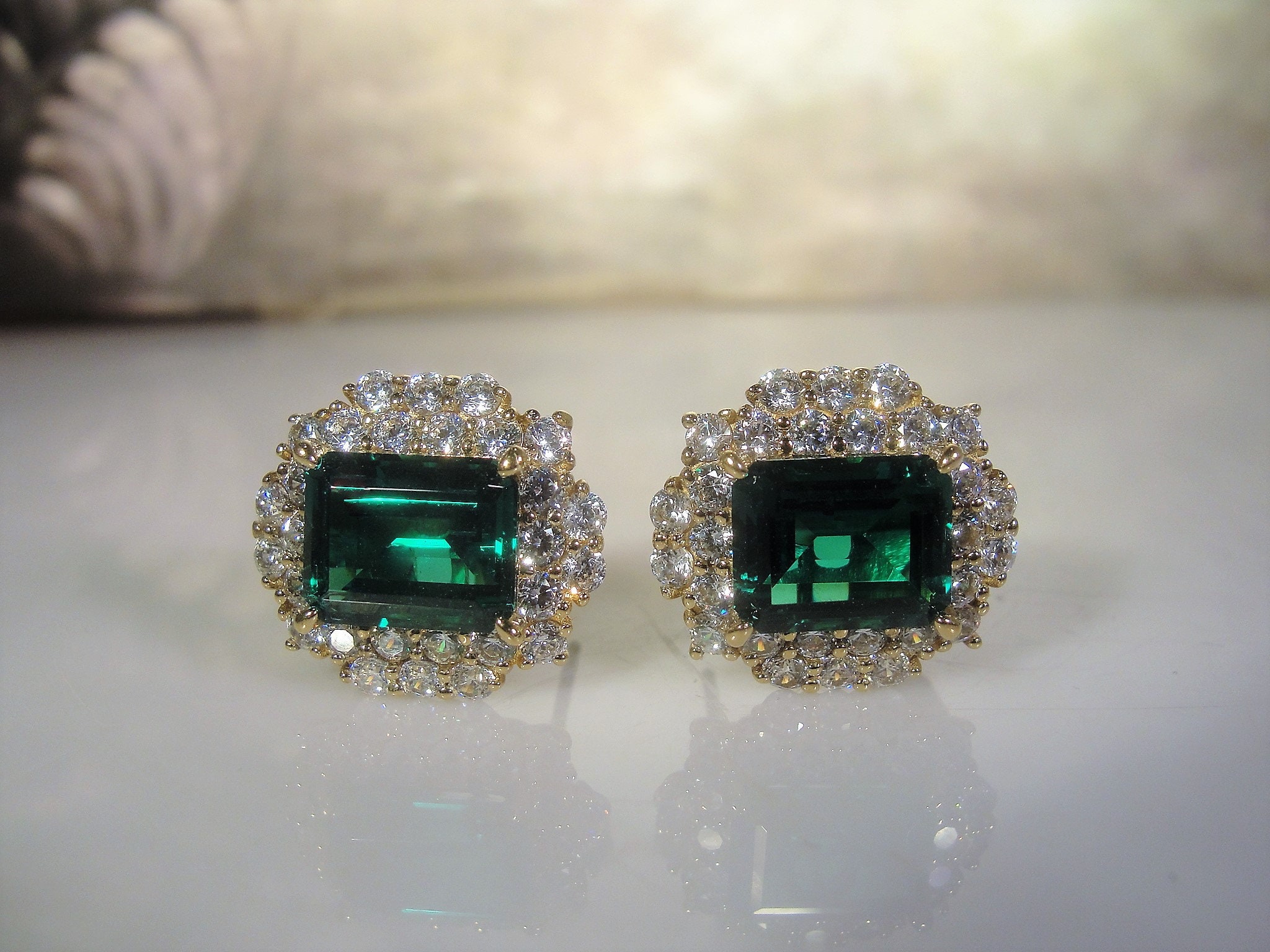 Green Emerald Earrings, Emerald and Diamond CZ Earrings, Lever Back ...