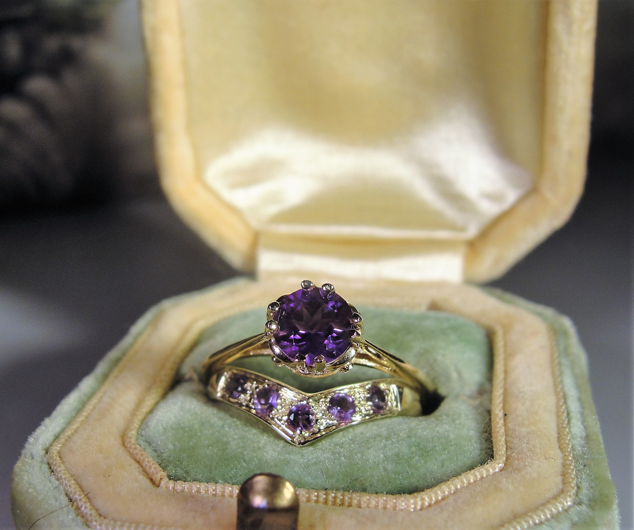 10K Bridal Ring Set, Purple Amethyst Alternative Bridal Rings, Amethyst