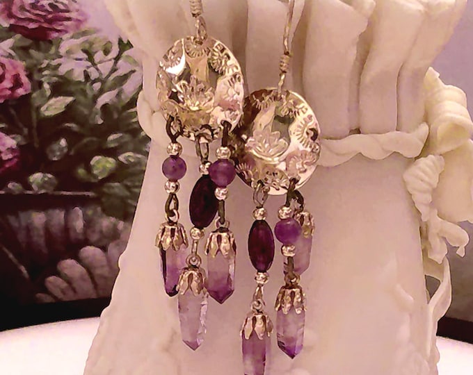 Amethyst Earrings – 14K Yellow Gold Southwestern Style Amethyst Drop Dangle Earrings – Genuine Amethyst Gemstones – Vintage Earrings