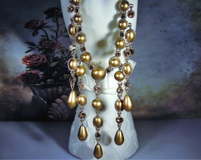 Beautiful Vintage Golden Champagne Colored Glass Beaded Bib Necklace with Champagne  Crystals, Drop Dangle Bib Necklace, Vintage Necklace