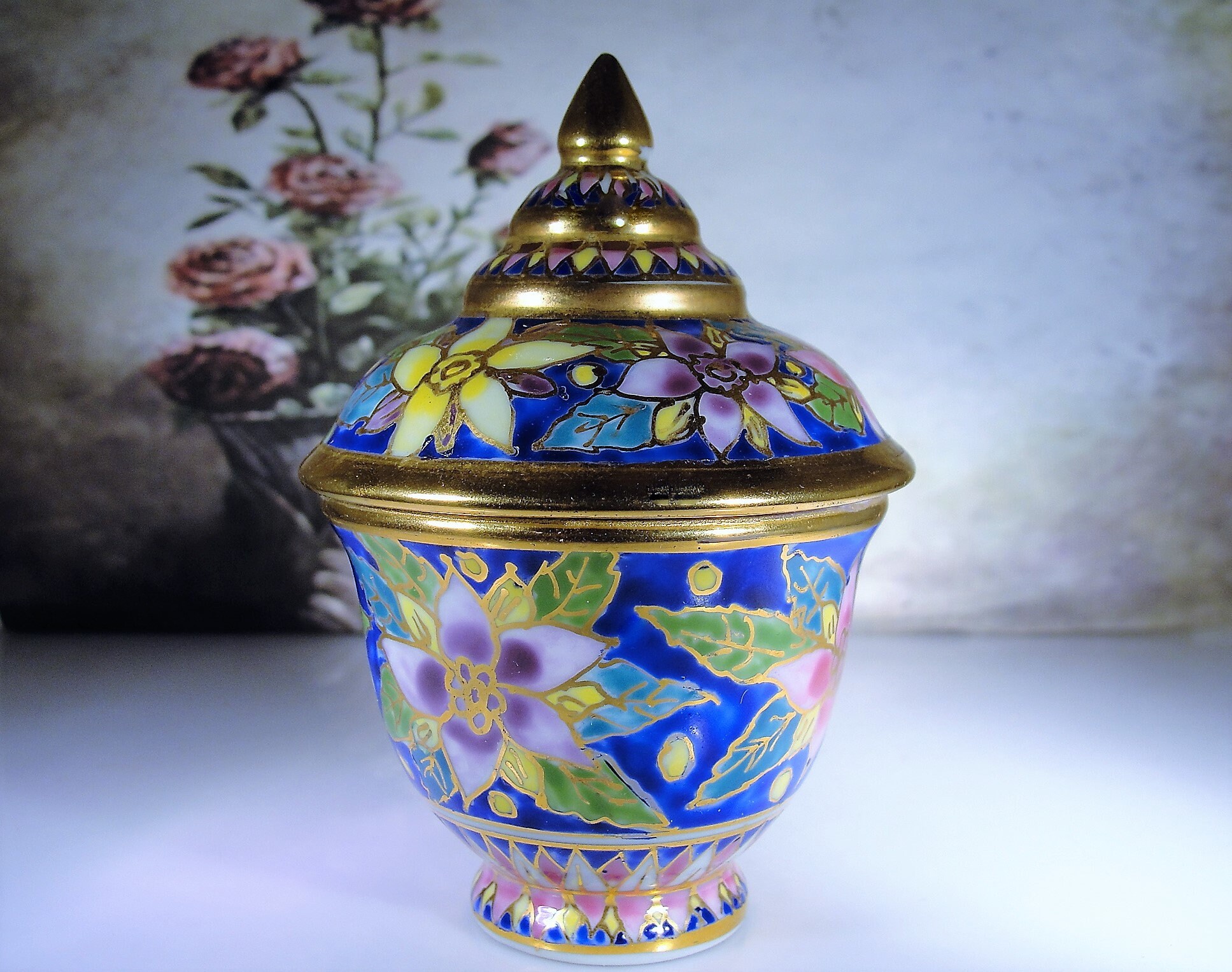 Moroccan Style Hand Painted Cloisonné Porcelain Ginger Jar, Cloisonné Trinket Box, Mini