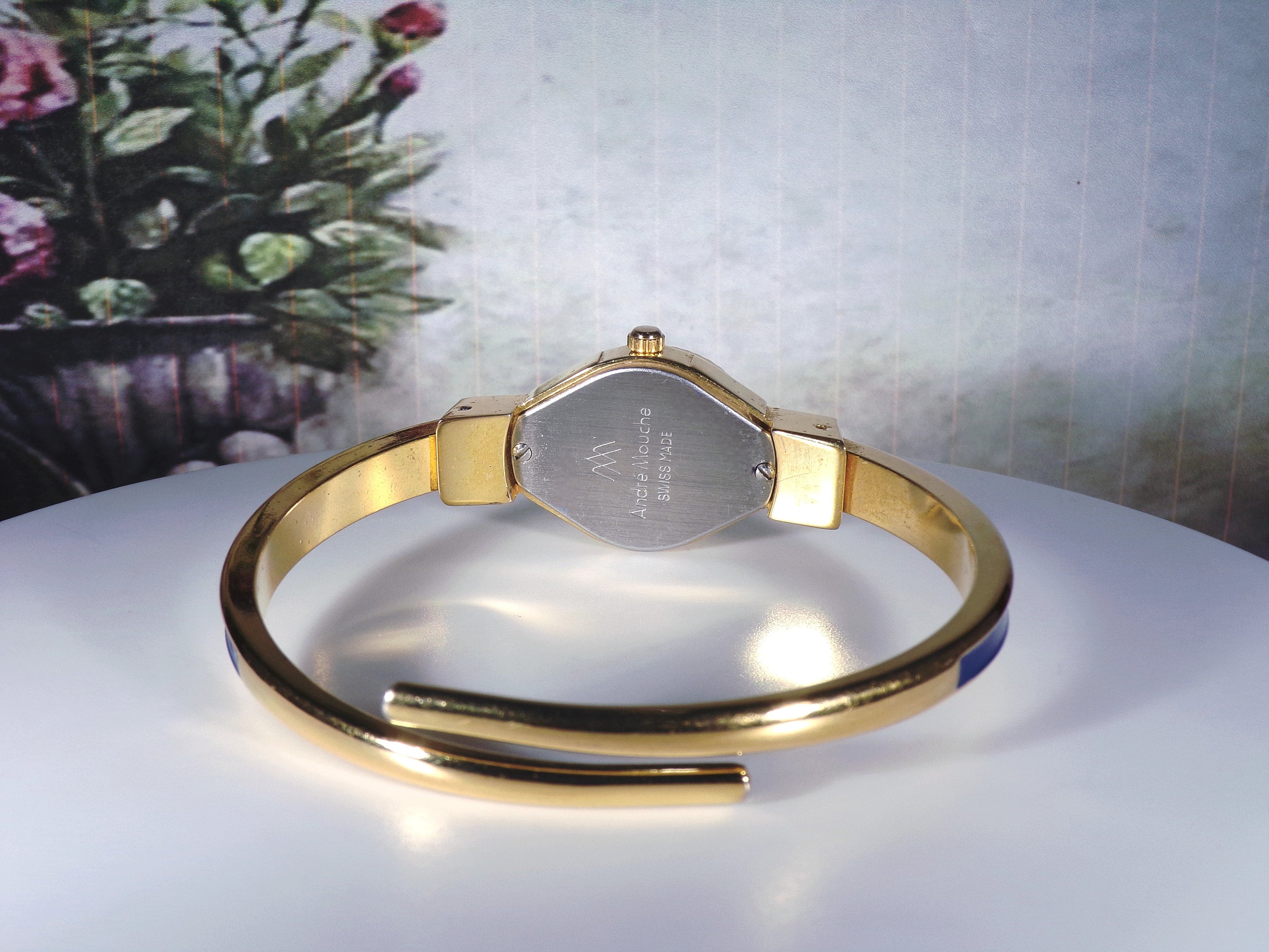 Swiss Made ANDRE MOUCHE Bangle Wrist Watch, Edelweiss Design with Dark Blue Enamel Background, Hidden Watch with Cover, Vintage Wristwatch Swiss Made ANDRE MOUCHE Bangle Wrist Watch, Edelweiss Design with Dark Blue Enamel Background, Hidden Watch with Cover, Vintage Wristwatch