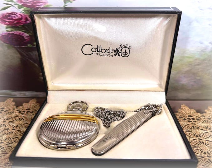 Vintage Calibri Pocket Watch and Knife Set – Gold Accents - Calendar Quartz (Original Case)