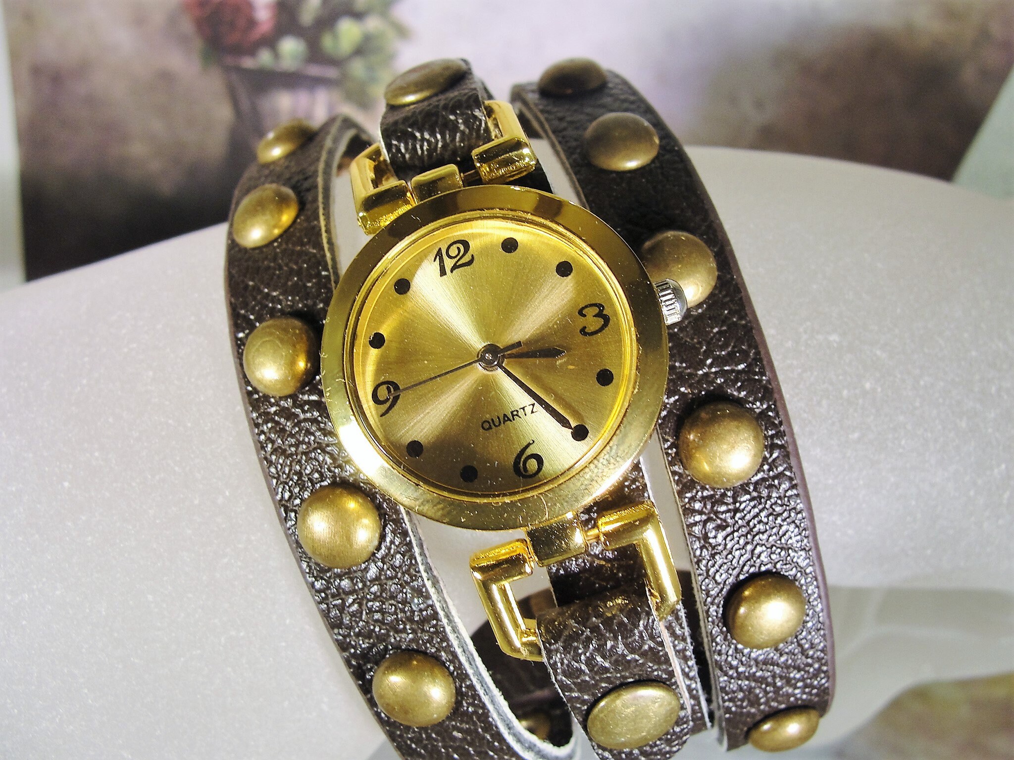 Women's Wrist Watch, Studded Wrist Watch, Gold Tone & Brass Watch, Faux