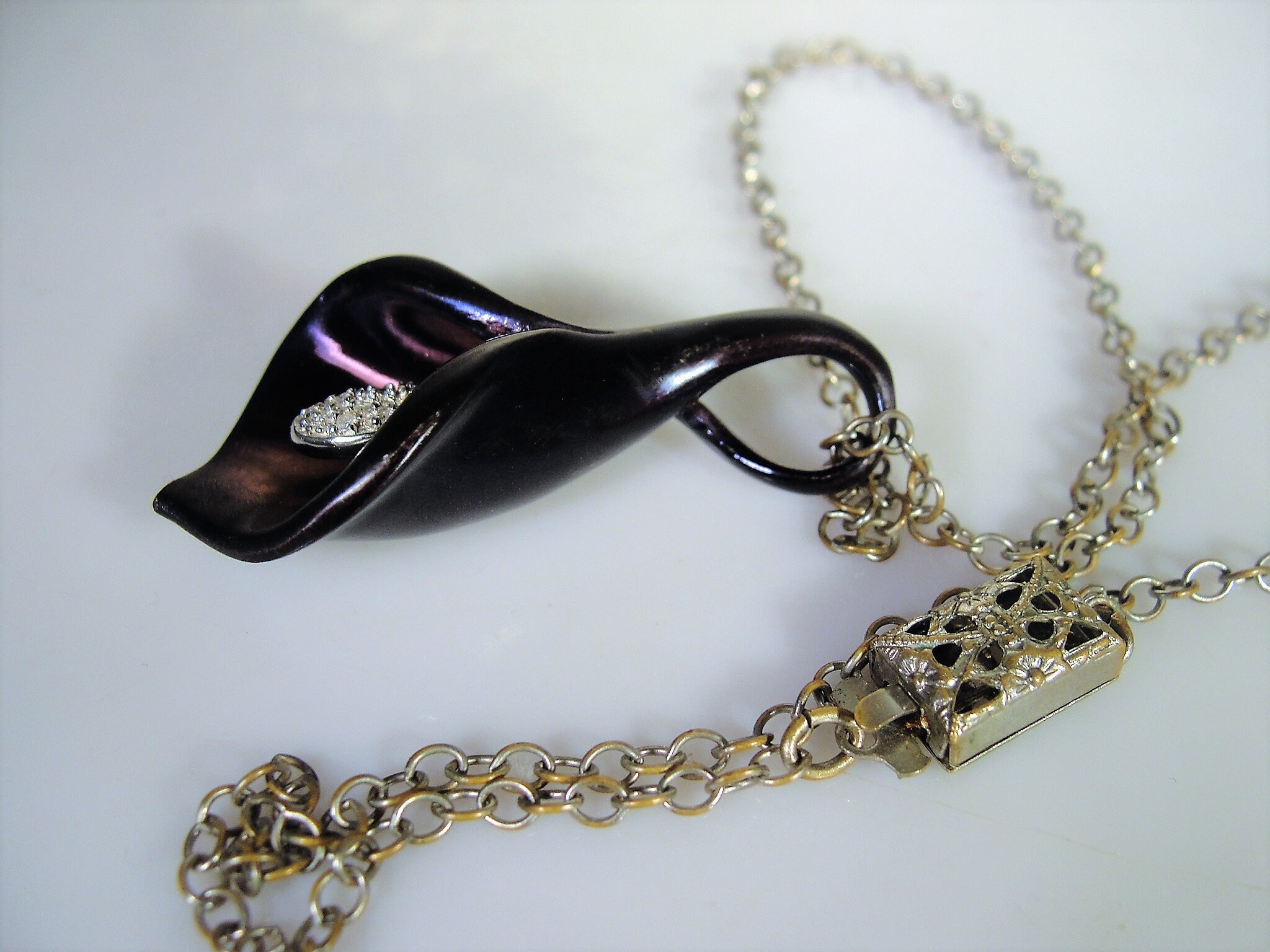 Deep Purple Enamel Pave Diamond Calla Lily Pendant Necklace, Diamond