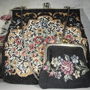 Tapestry Glass Beaded Purse - Black Beaded Tapestry Purse with Matching Coin Purse - Evening Purse, -Vintage Purse