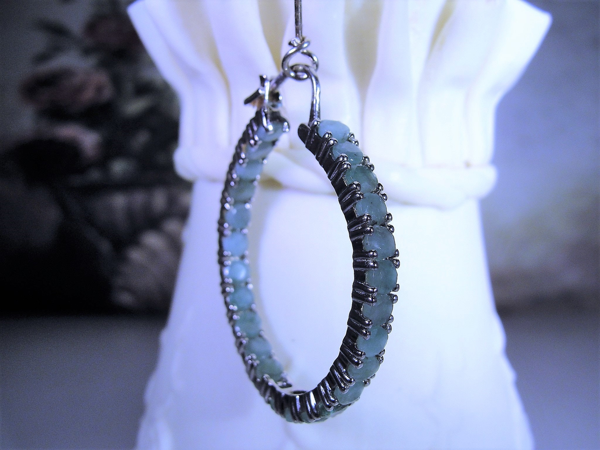 Genuine Green Emerald Hoop Sterling Silver Earrings